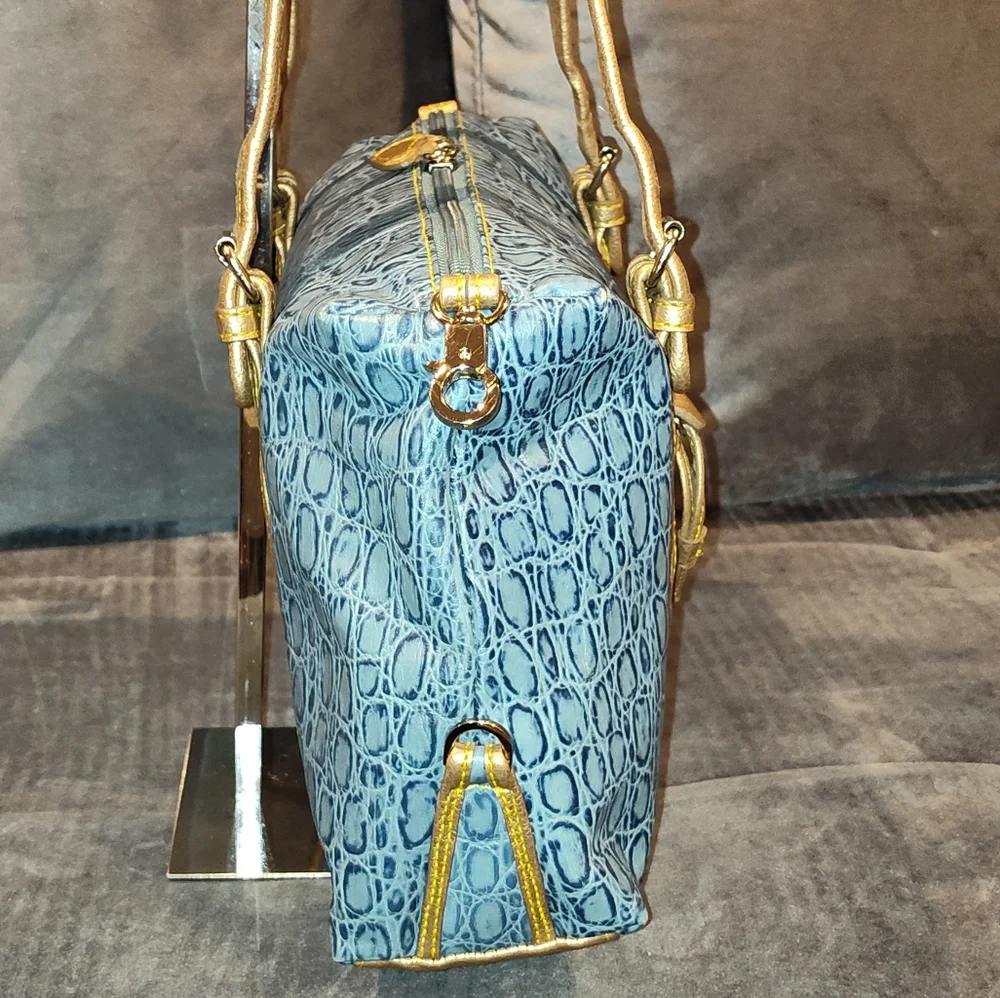Sharif Blue and Gold Embossed Shoulder Bag - Picture 7 of 16